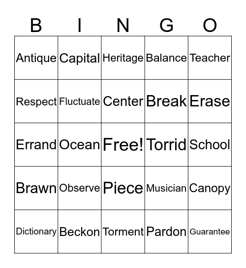 Definition Bingo Card