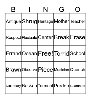 Definition Bingo Card