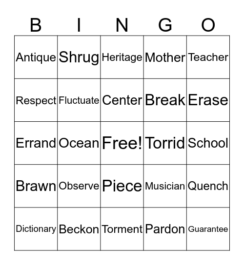 Definition Bingo Card