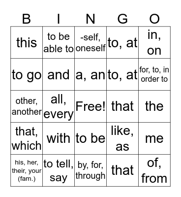 Spanish 1 Bingo Card