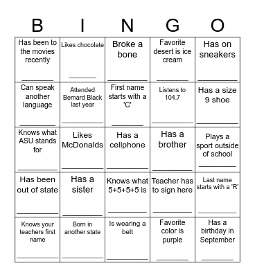 People Scavenger Hunt Bingo Card