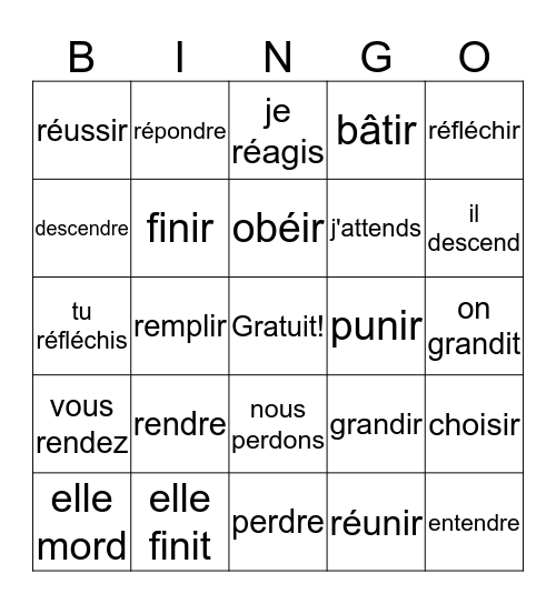 les verbes en IR et RE Bingo Card