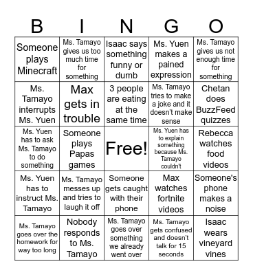 English Class Bingo Card
