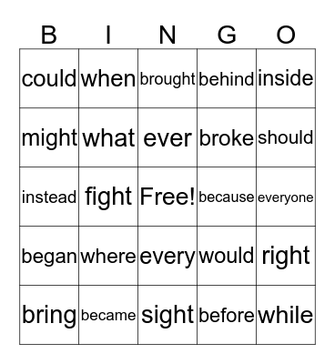 Sight Words Bingo Card