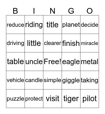 1st Final Syllable C + le and VCV Division Bingo Card