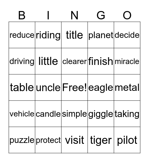 1st Final Syllable C + le and VCV Division Bingo Card