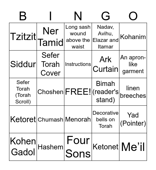 Parashat Tetzaveh Bingo Card