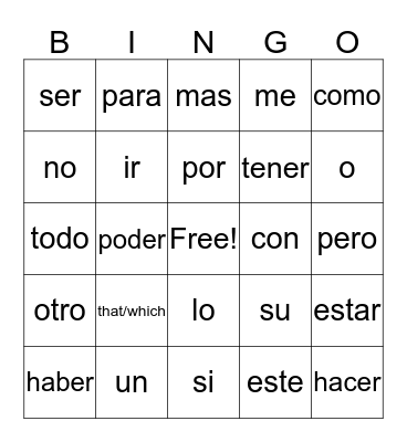 Tava's Spanish Bingo Card