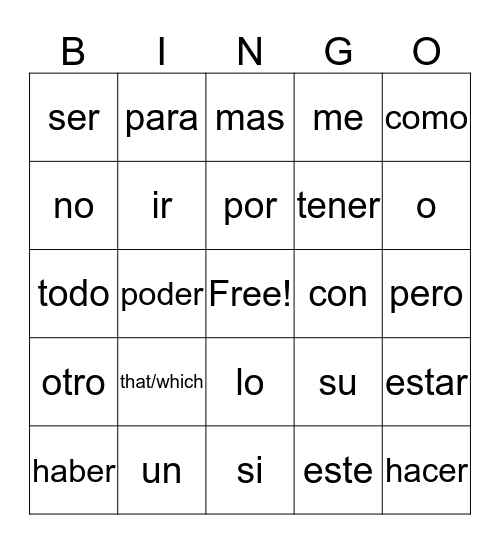 Tava's Spanish Bingo Card