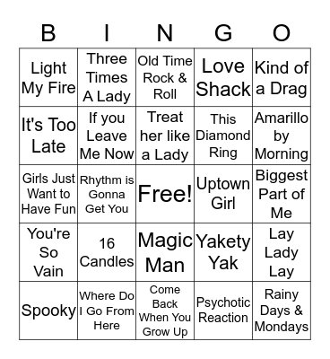 Name That Tune Bingo Card