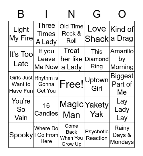 Name That Tune Bingo Card
