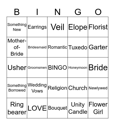 Bridal Bingo Card