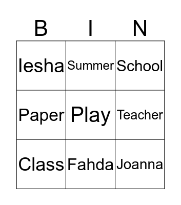 Class Bingo Card