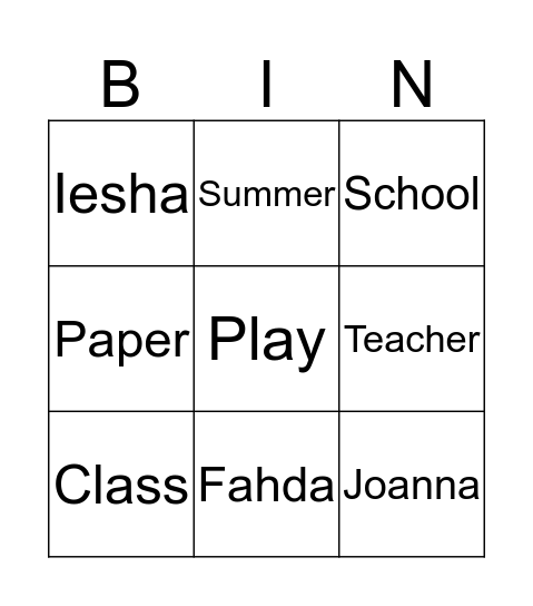 Class Bingo Card