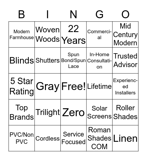 Blinds by Design Bingo Card