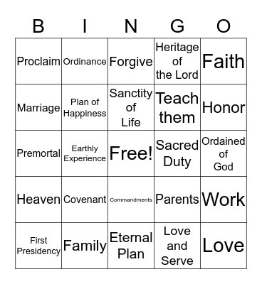 The Family: A Proclamation to the World Bingo Card