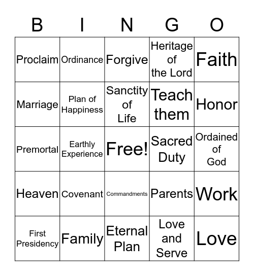 The Family: A Proclamation to the World Bingo Card