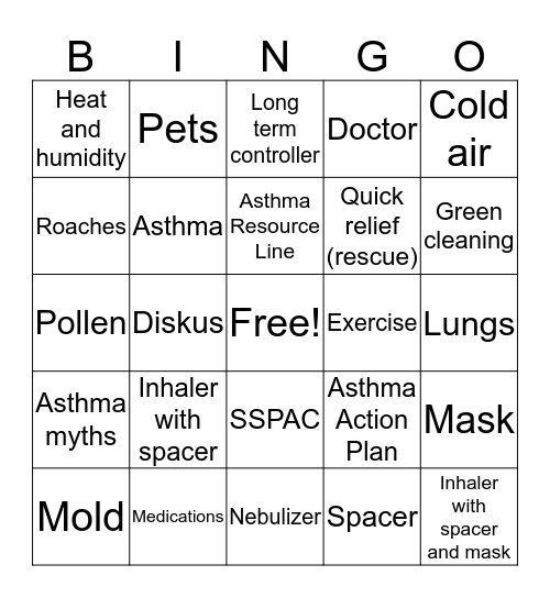 Asthma Bingo Card