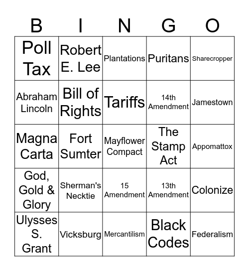 8th Grade Social Studies Bingo Card