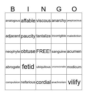 SAT Vocabulary Bingo I Bingo Card