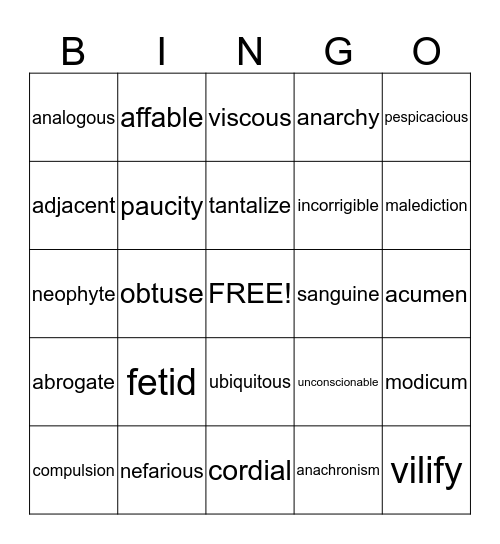 SAT Vocabulary Bingo I Bingo Card