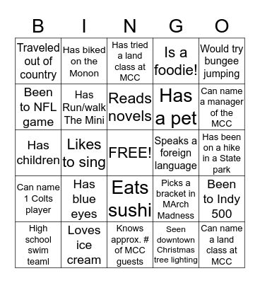 Ice breaker Bingo Card