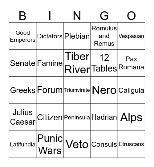 Rome Bingo Card