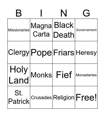 Middle Ages  Bingo Card