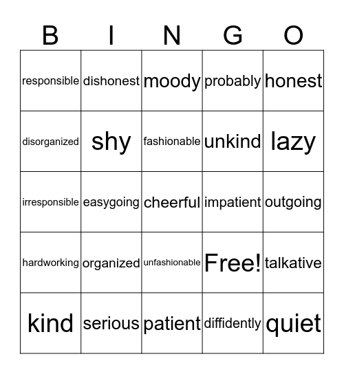 personality adjectives  Bingo Card