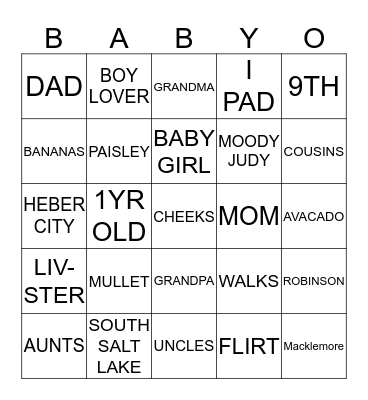 Baby "O" Bingo Card