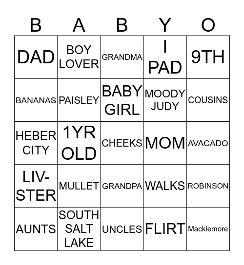 Baby "O" Bingo Card