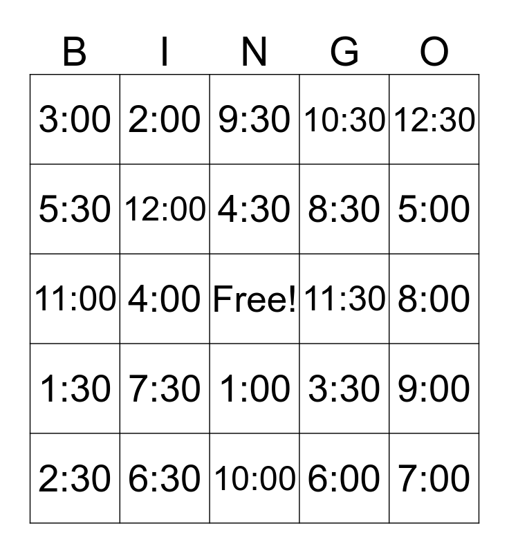 Hour and Half-Hour Bingo Game Bingo Card