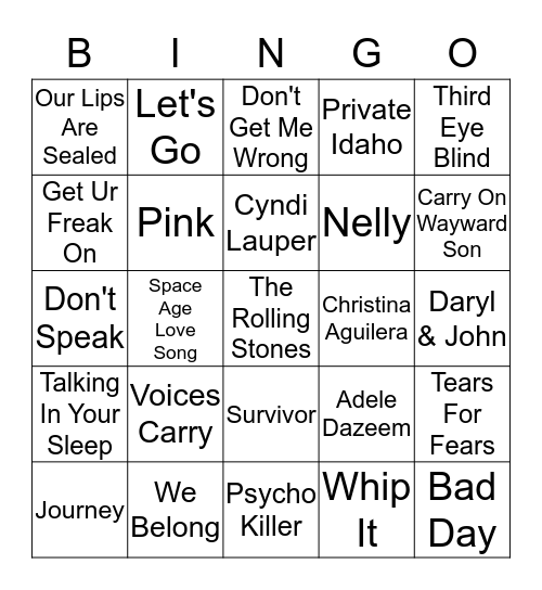 Rando Songs Bingo Card