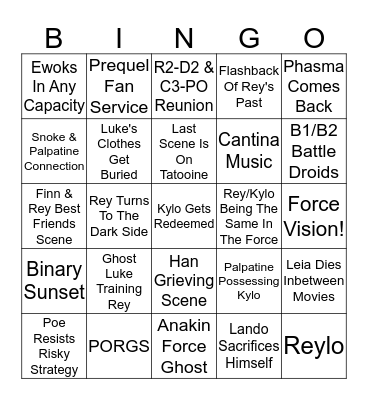 The Rise of Skywalker Bingo Card