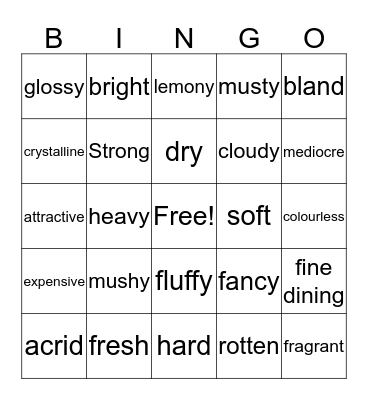 Food adjectives Bingo Card