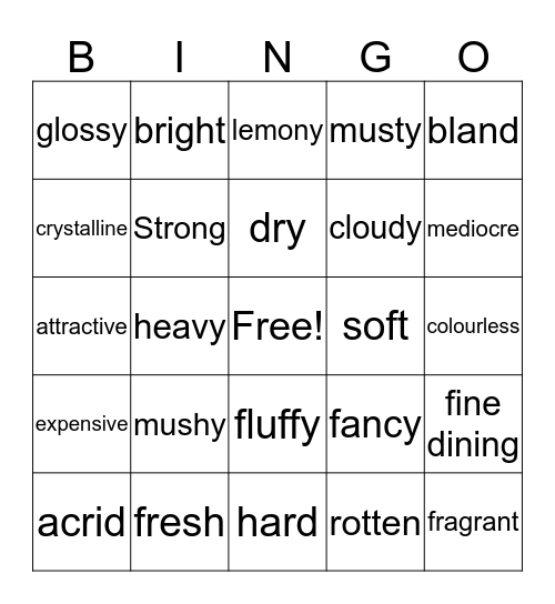 Food adjectives Bingo Card