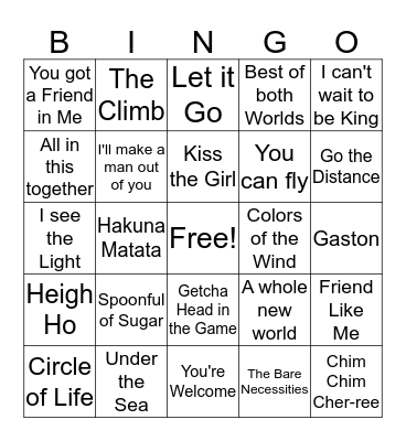 Disney Hits  Bingo Card