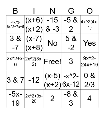 Algebra Ch 9 Review Bingo Card