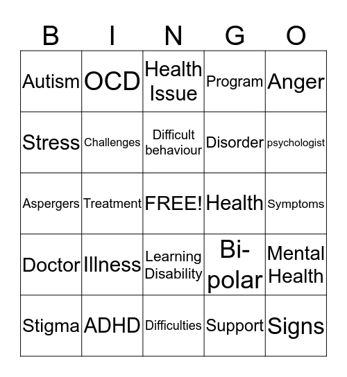 Mental Health Bingo Card