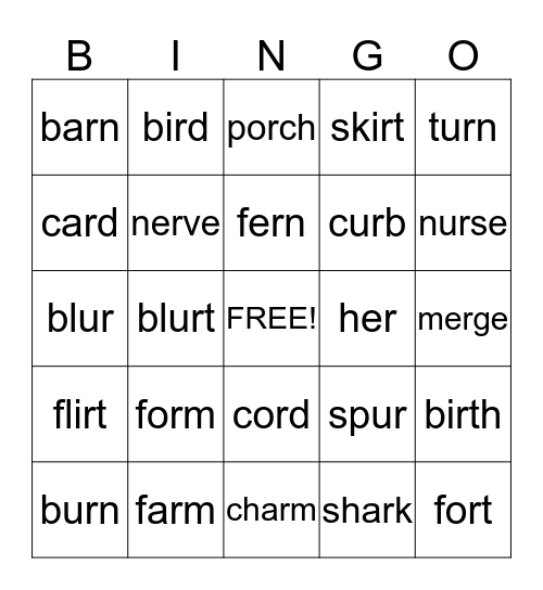 r-controlled vowel Bingo Card