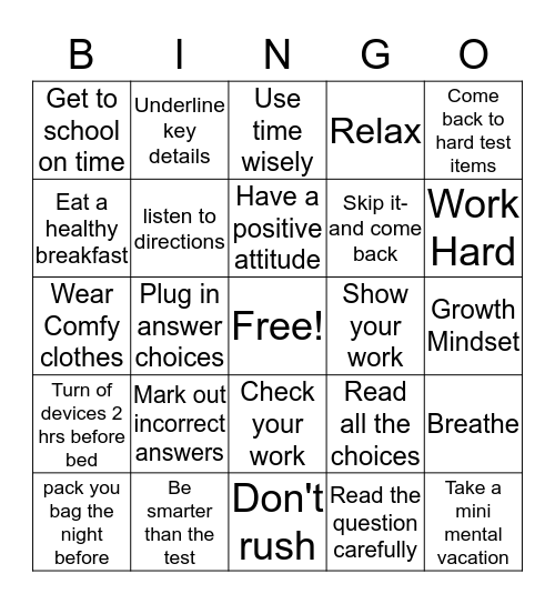 Test taking tips bingo Card