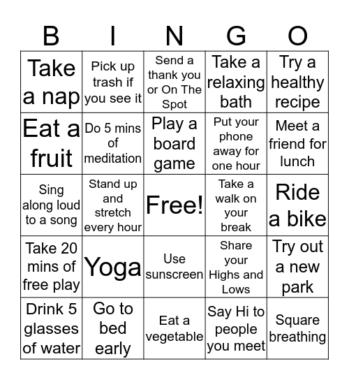 Fitgo Bingo Card