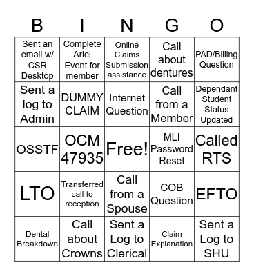Call Shadowing Bingo  Bingo Card