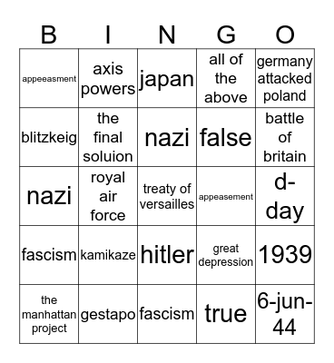 Test # 4 Bingo Card