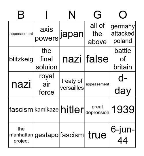 Test # 4 Bingo Card