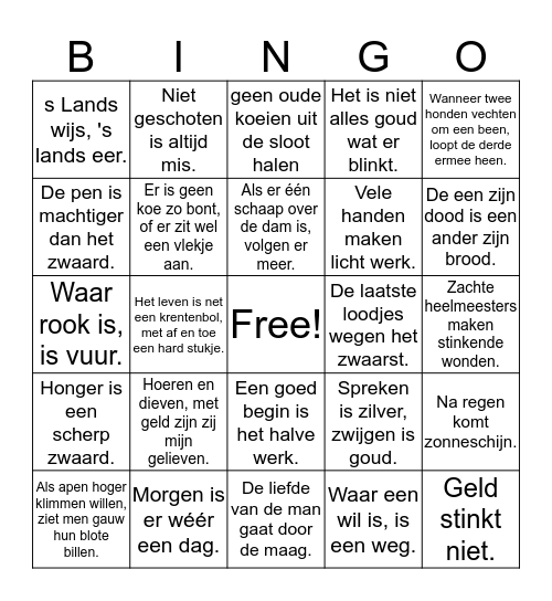 spreekwoorden NL Bingo Card
