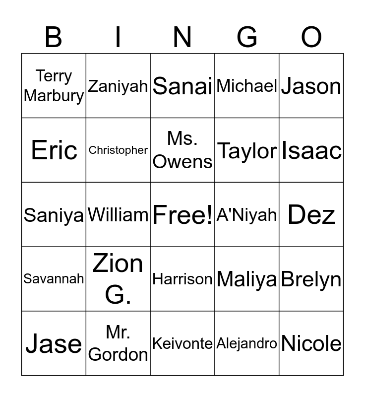 Our Names Bingo Card