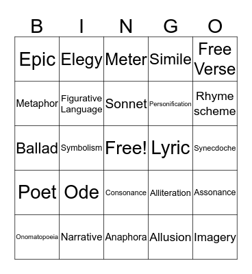 Poetry Bingo Card