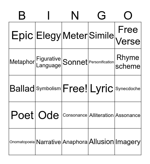 Poetry Bingo Card