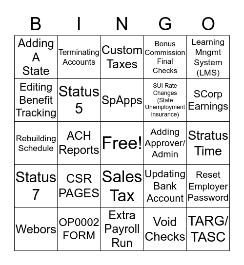 SurePayroll Bingo Card